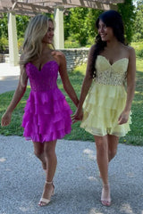 Sparkly A Line Fuchsia Corset Strapless Short Homecoming Dress with Ruffles