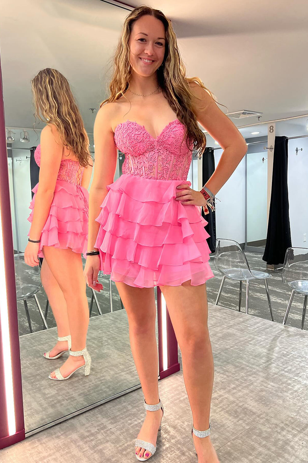 Sparkly A Line Pink Strapless Corset Short Homecoming Dress with Ruffles