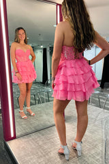 Sparkly A Line Pink Strapless Corset Short Homecoming Dress with Ruffles