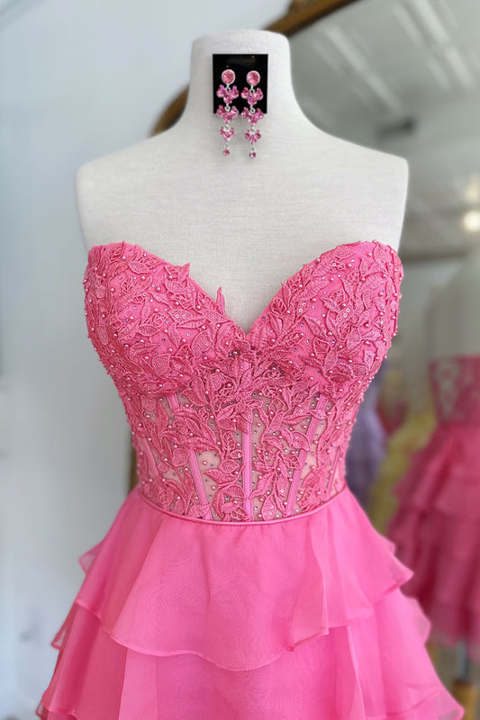 Sparkly Pink Corset Strapless A Line Short Homecoming Dress with Ruffles