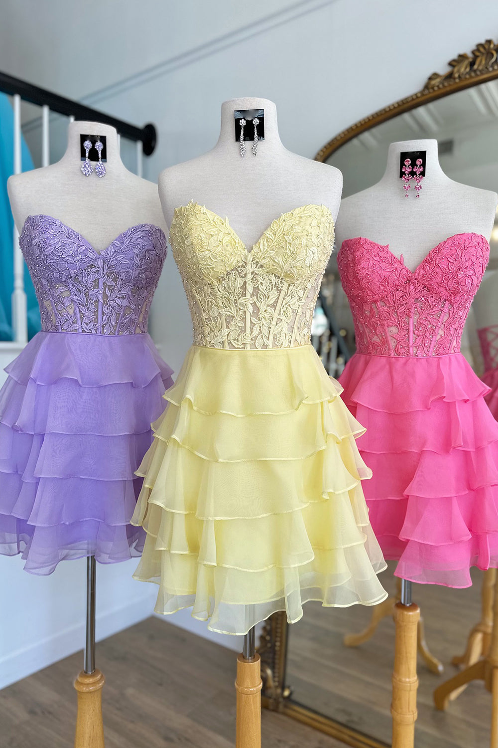 Sparkly A Line Pink Strapless Corset Short Homecoming Dress with Ruffles