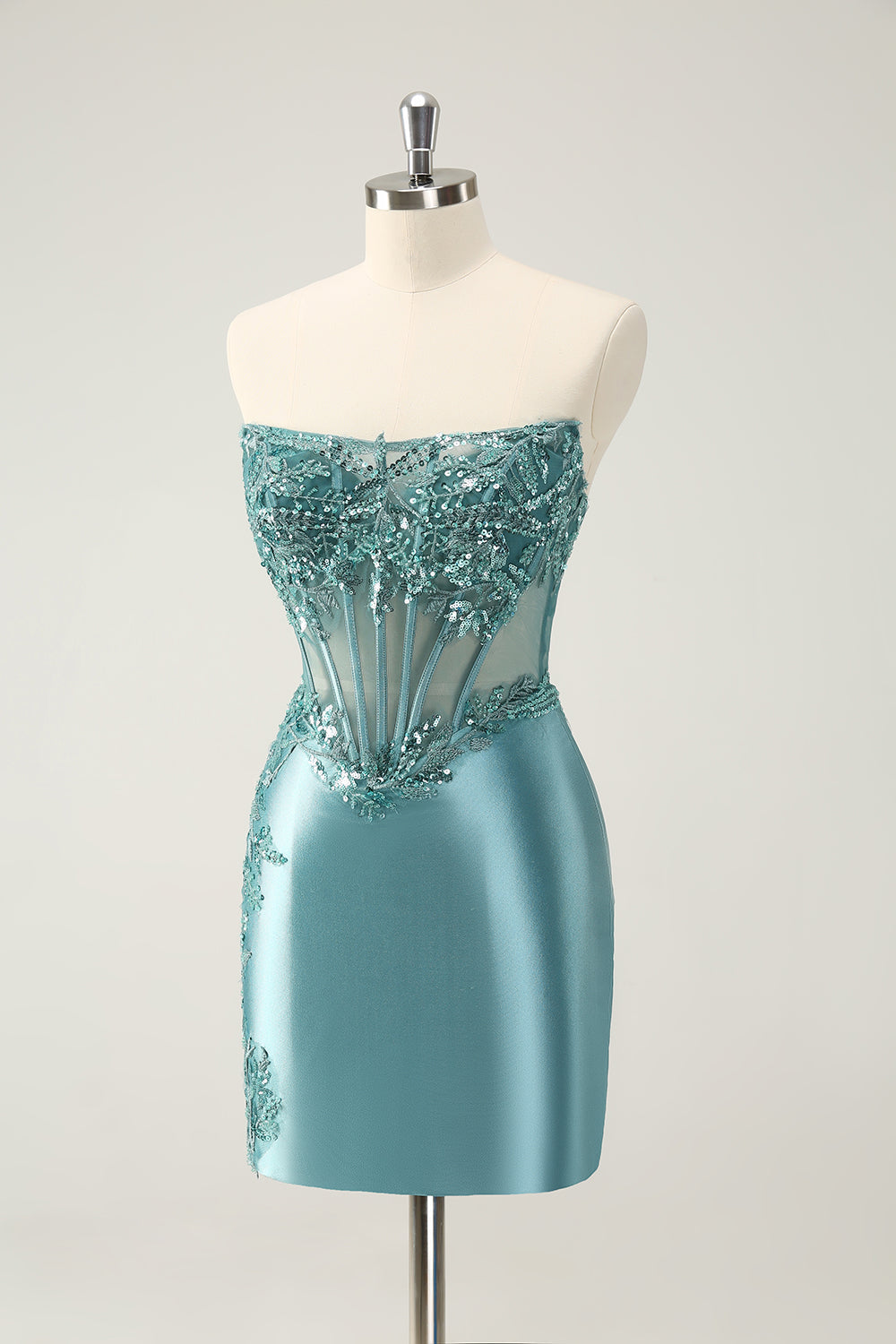 Sparkly Peacock Blue Strapless Corset Short Homecoming Dress with Appliques