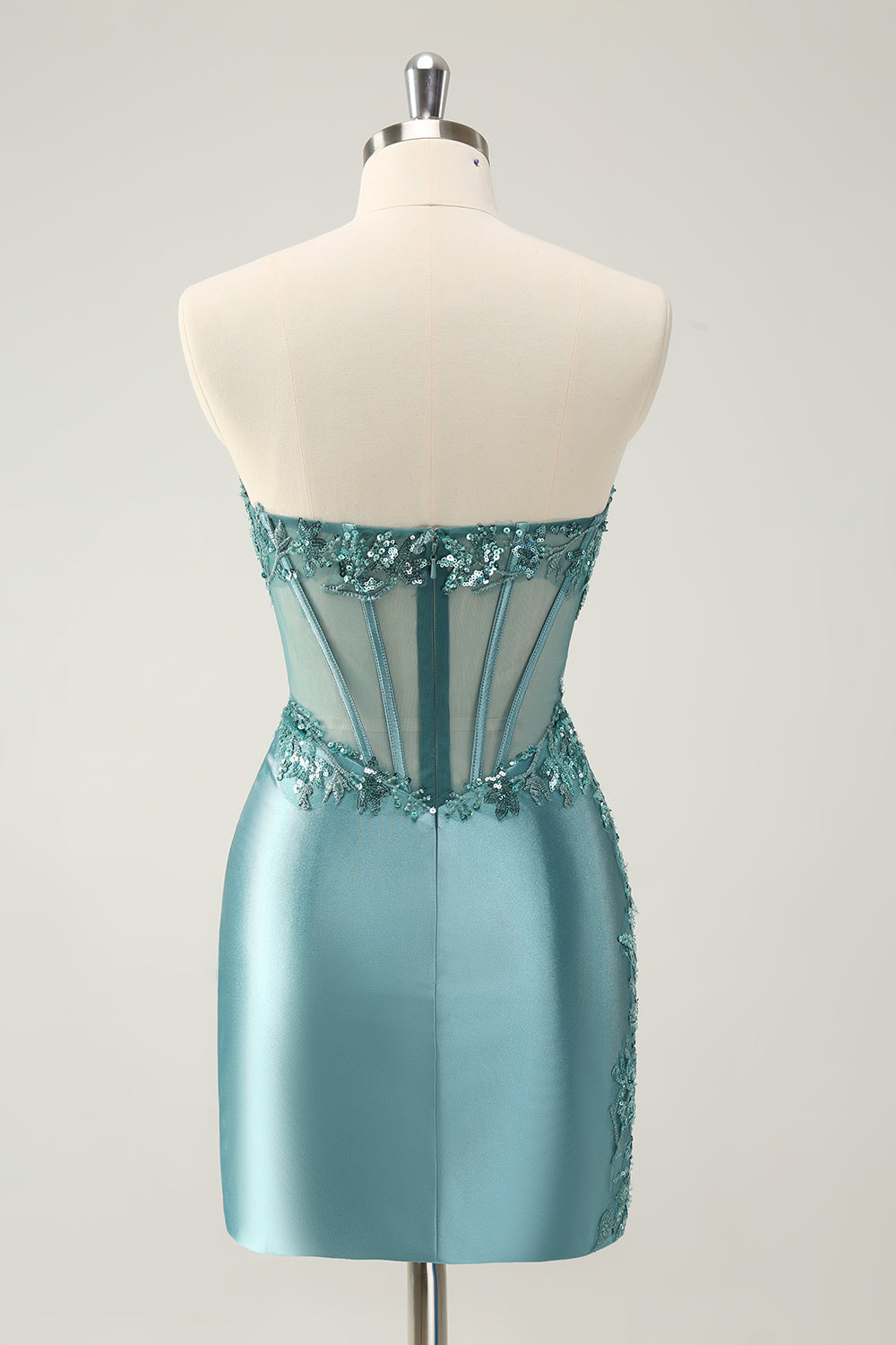 Sparkly Peacock Blue Strapless Corset Short Homecoming Dress with Appliques