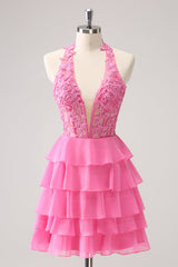 Cute Pink Corset A Line Tiered Short Homecoming Dress with Appliques