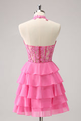 Cute Pink Corset A Line Tiered Short Homecoming Dress with Appliques