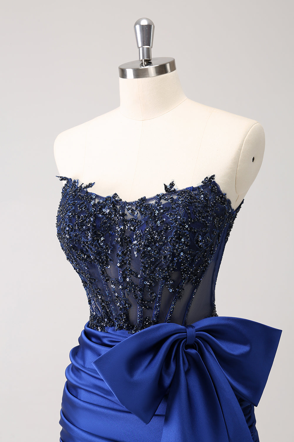 Sparkly Navy Tight Strapless Beaded Short Homecoming Dress with Bow