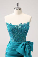 Sparkly Peacock Tight Strapless Beaded Short Homecoming Dress with Bow