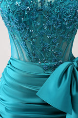 Sparkly Peacock Tight Strapless Beaded Short Homecoming Dress with Bow