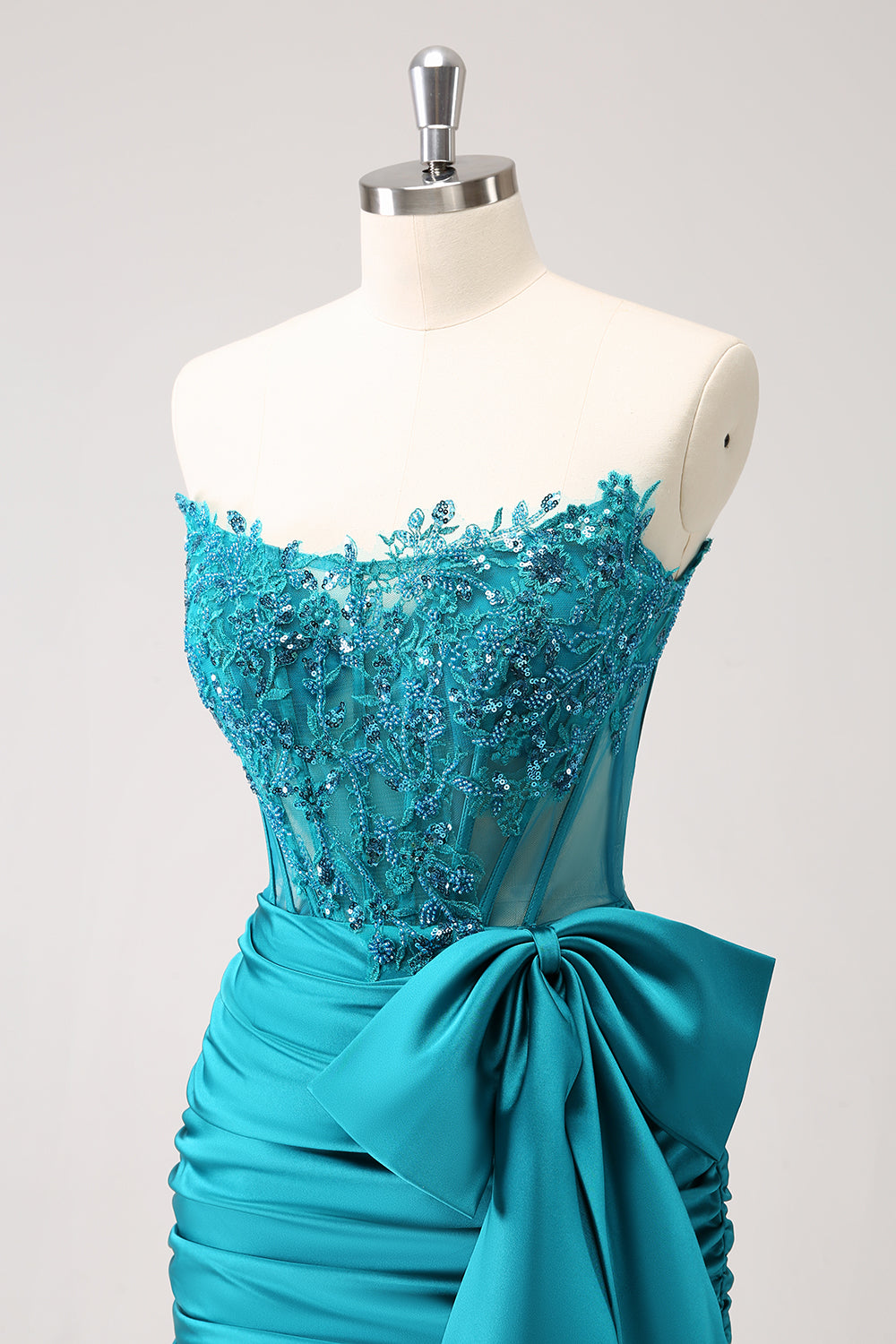 Sparkly Peacock Tight Strapless Beaded Short Homecoming Dress with Bow