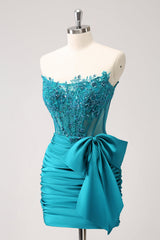 Sparkly Peacock Tight Strapless Beaded Short Homecoming Dress with Bow