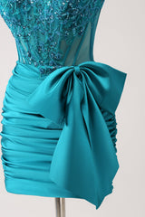 Sparkly Peacock Tight Strapless Beaded Short Homecoming Dress with Bow