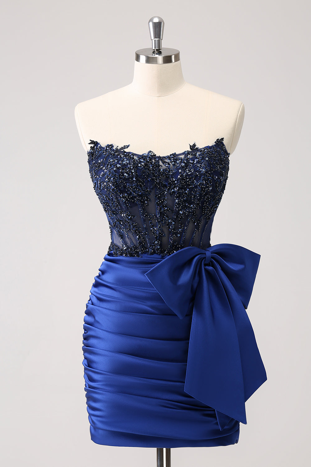 Sparkly Navy Tight Strapless Beaded Short Homecoming Dress with Bow