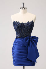 Sparkly Peacock Tight Strapless Beaded Short Homecoming Dress with Bow