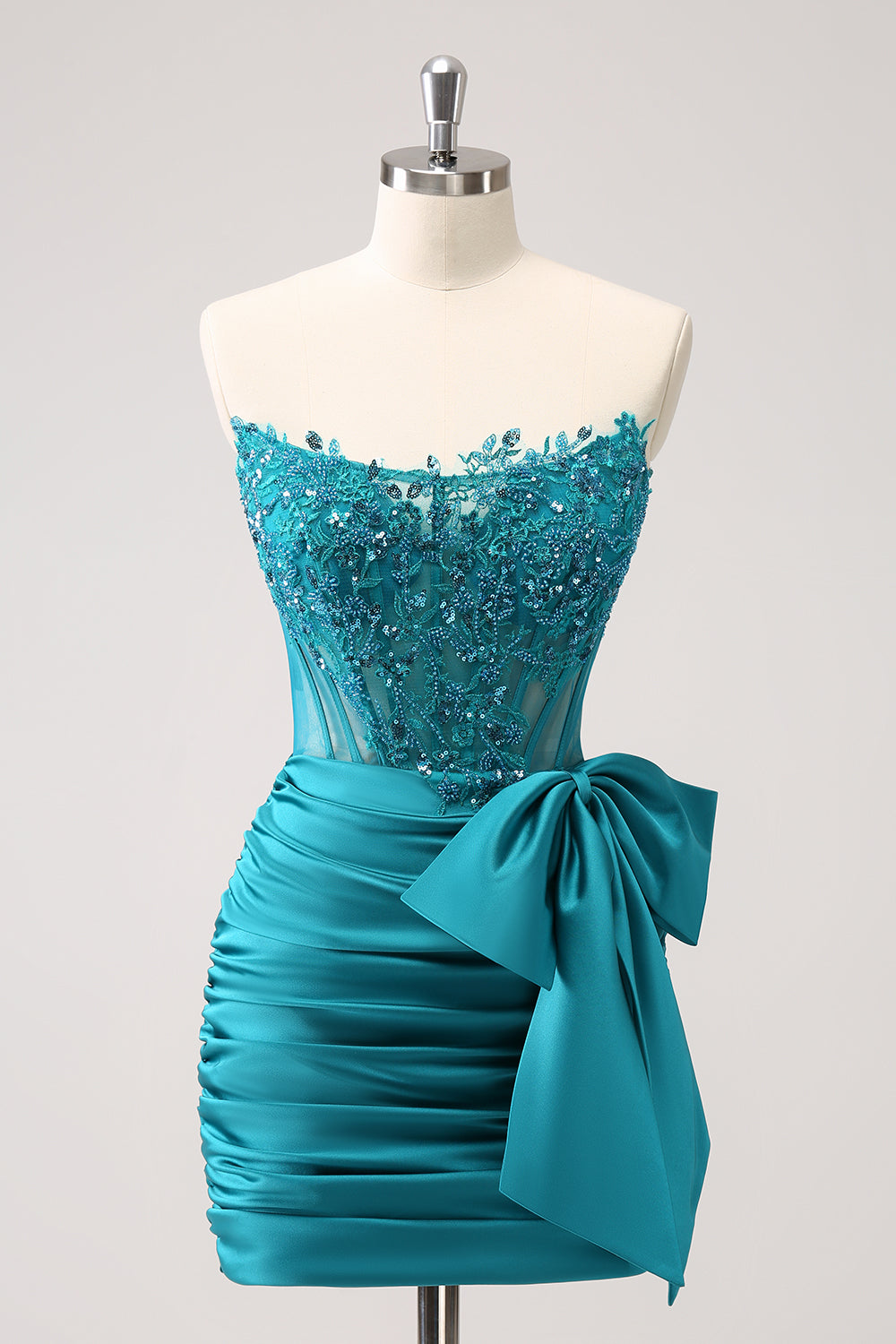 Sparkly Peacock Tight Strapless Beaded Short Homecoming Dress with Bow