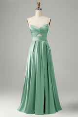 Green Keyhole A Line Sweetheart Long Prom Dress With Slit