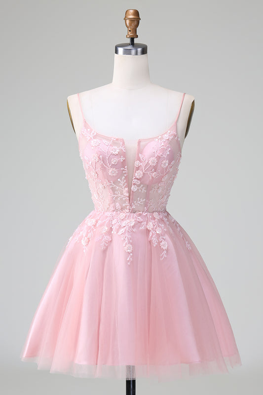 Blush Spaghetti Strap A-Line Tulle Short Homecoming Dress with Appliqu鑼卻