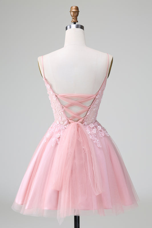 Blush Spaghetti Strap A-Line Tulle Short Homecoming Dress with Appliqu鑼卻