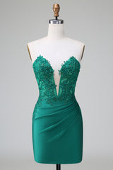 Sparkly Dark Green Corset Short Homecoming Dress With Appliques