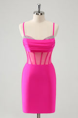 Sparkly Fuchsia Spaghetti Straps Tight Corset Homecoming Dress with Beadings