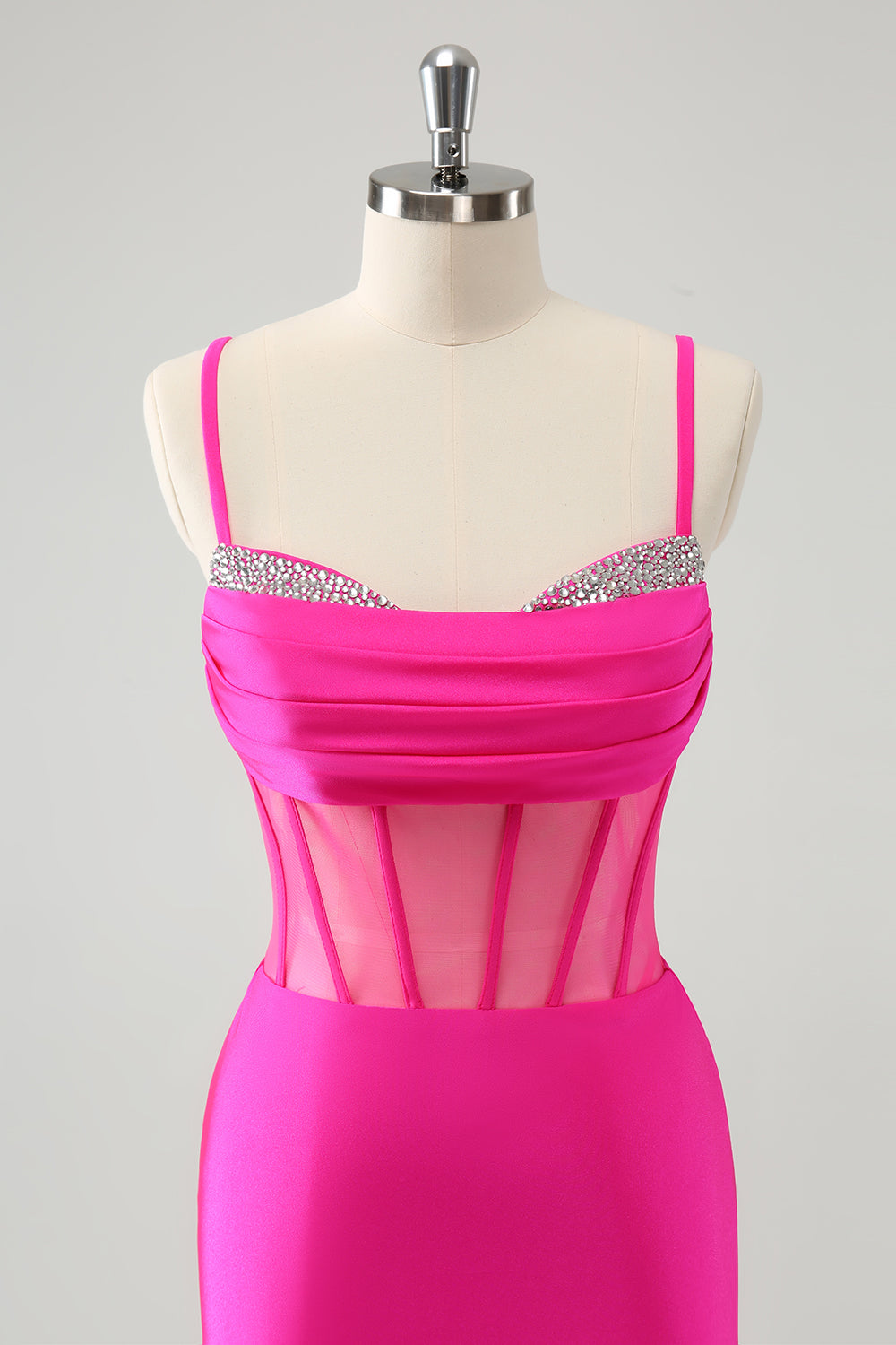 Sparkly Fuchsia Spaghetti Straps Tight Corset Homecoming Dress with Beadings