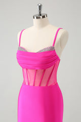 Sparkly Fuchsia Spaghetti Straps Tight Corset Homecoming Dress with Beadings