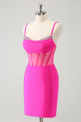 Sparkly Fuchsia Spaghetti Straps Tight Corset Homecoming Dress with Beadings