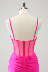 Sparkly Fuchsia Spaghetti Straps Tight Corset Homecoming Dress with Beadings