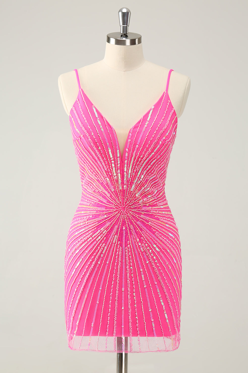 Sparkly Sequins Fuchsia Spaghetti Straps Tight Short Homecoming Dress