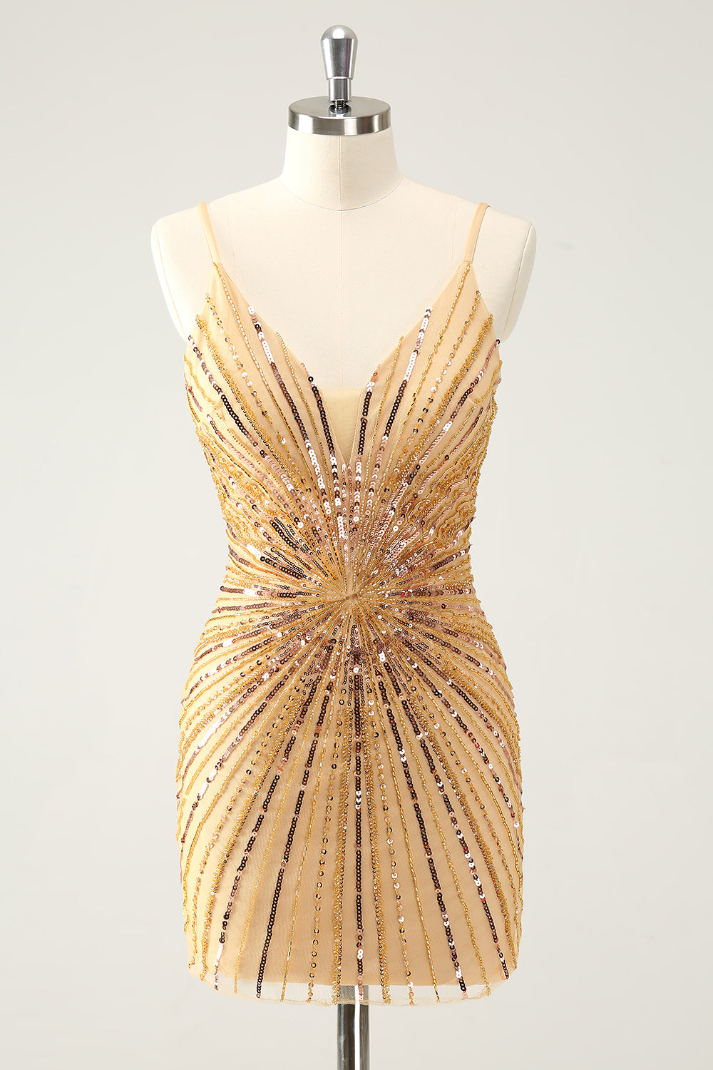 Sparkly Golden Backless Spaghetti Straps Tight Short Homecoming Dress