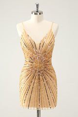 Sparkly Golden Sequins Spaghetti Straps Tight Short Homecoming Dress