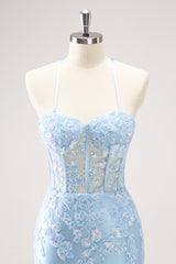 Blue Sparkly Corset Sequined Tight Short Homecoming Dress