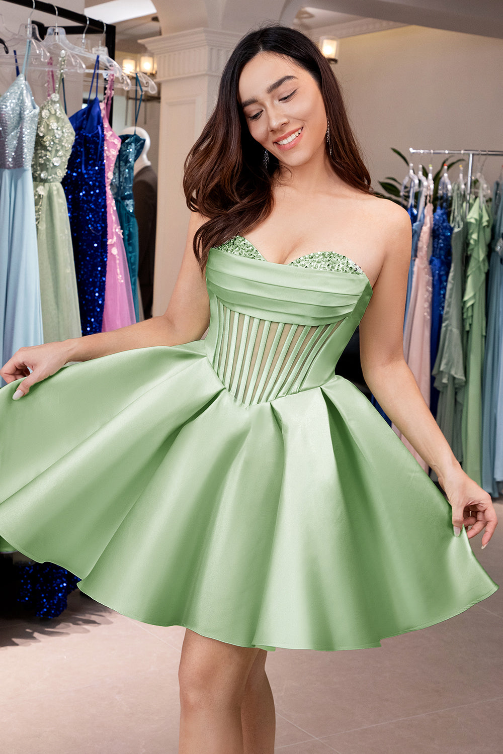 Sparkly Green Strapless Corset Tight Short Homecoming Dress with Beading