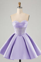 Trendy Fuchsia Corset A Line Strapless Short Homecoming Dress with Beadings