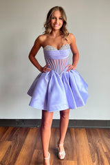 Trendy Fuchsia Corset A Line Strapless Short Homecoming Dress with Beadings