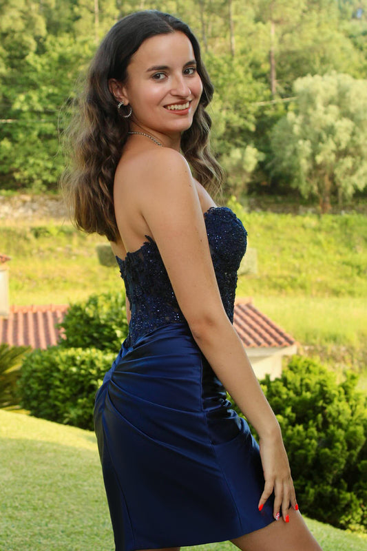 Sparkly Navy Corset Strapless Tight Short Homecoming Dress with Appliques