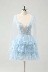 Sparkly A Line Blue Corset Tiered Short Homecoming Dress with Sequins 