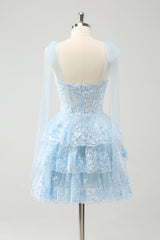 Sparkly Blue Sequins Corset A Line Tiered Short Homecoming Dress