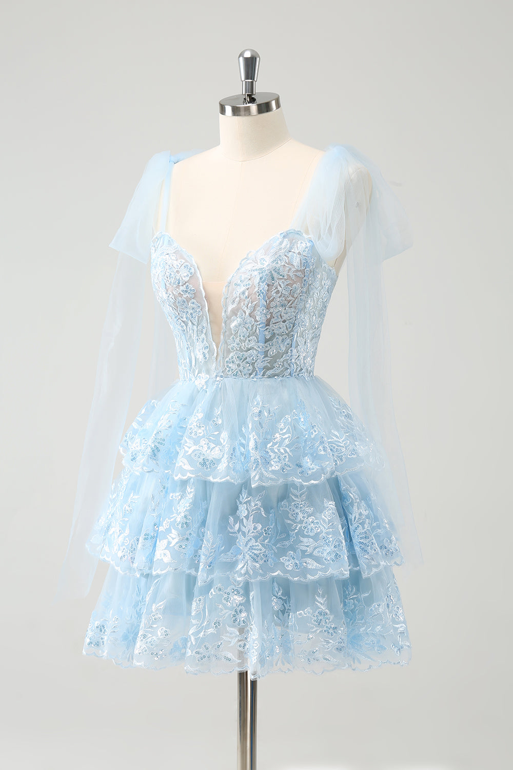 Sparkly Blue Sequins Corset A Line Tiered Short Homecoming Dress