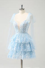 Sparkly A Line Blue Corset Tiered Short Homecoming Dress with Sequins 