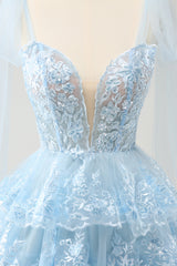 Sparkly A Line Blue Corset Tiered Short Homecoming Dress with Sequins 