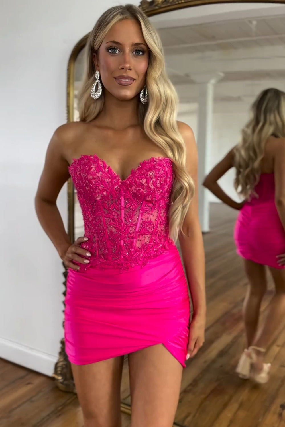 Sparkly Fuchsia Corset Sequins Short Tight Homecoming Dress