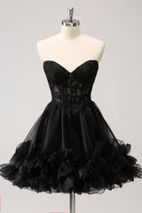 A Line Black Strapless Corset Tiered Short Homecoming Dress with Ruffles