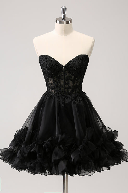 Black Strapless Corset A Line Tiered Short Homecoming Dress