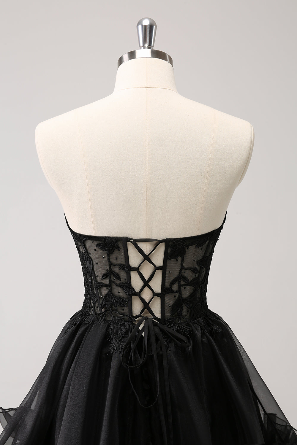 A Line Black Strapless Corset Tiered Short Homecoming Dress with Ruffles