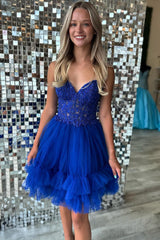 Sparkly Navy Beaded A Line Short Homecoming Dress with Appliques