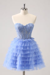 Blue A Line Strapless Tiered Short Homecoming Dress With Appliques