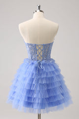 Blue A Line Strapless Tiered Short Homecoming Dress With Appliques