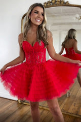 Pink A Line Strapless Tiered Short Homecoming Dress With Appliques