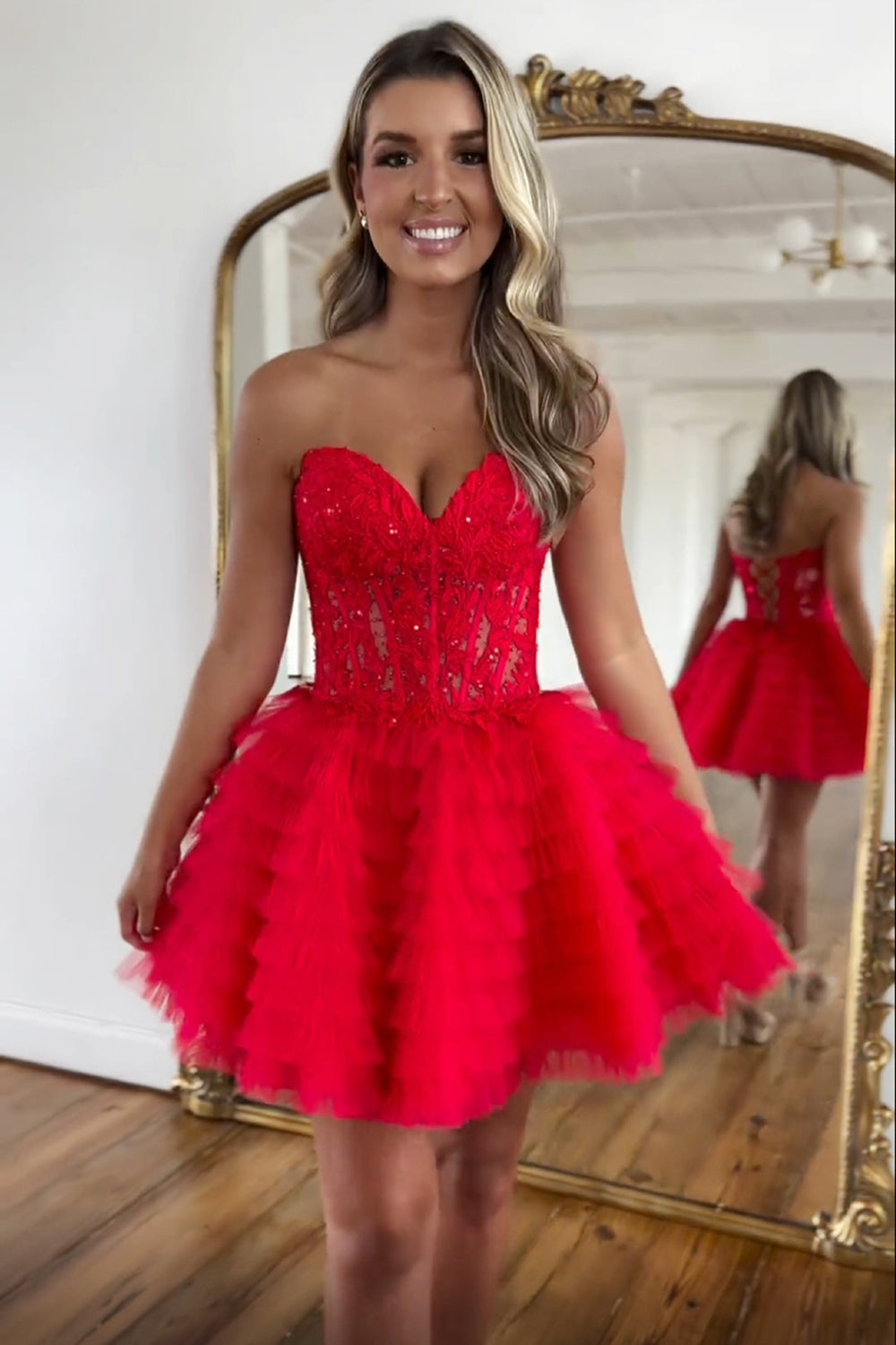 Pink A Line Strapless Tiered Short Homecoming Dress With Appliques