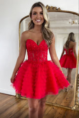 Pink A Line Strapless Tiered Short Homecoming Dress With Appliques